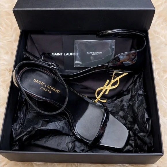 Yves Saint Laurent Black Heels with Gold Logo Accent - Picture 2 of 6